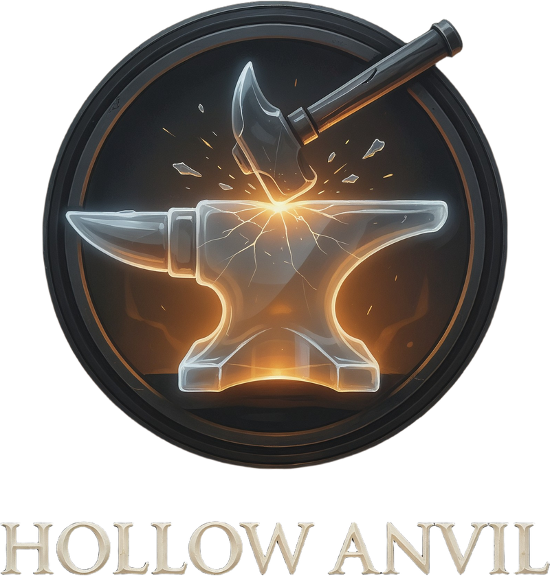 Hollow Anvil studio logo: a glass anvil struck by a hammer, cracks glowing amber at the impact point