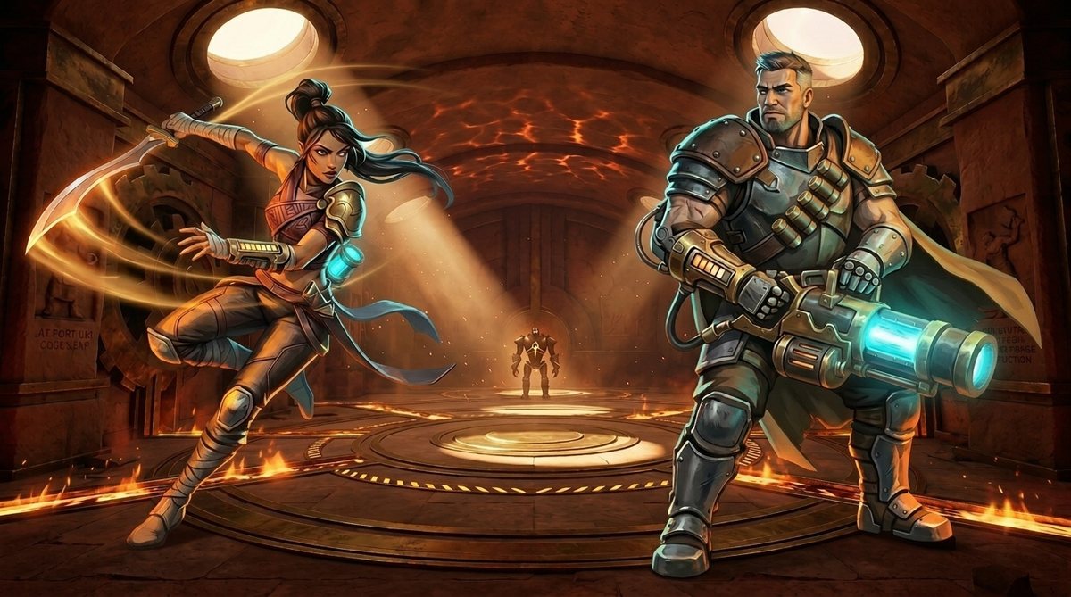 Kestrel mid-spin with a blazing blade trail beside Bram, planted and armored, in an amber-lit forge hall