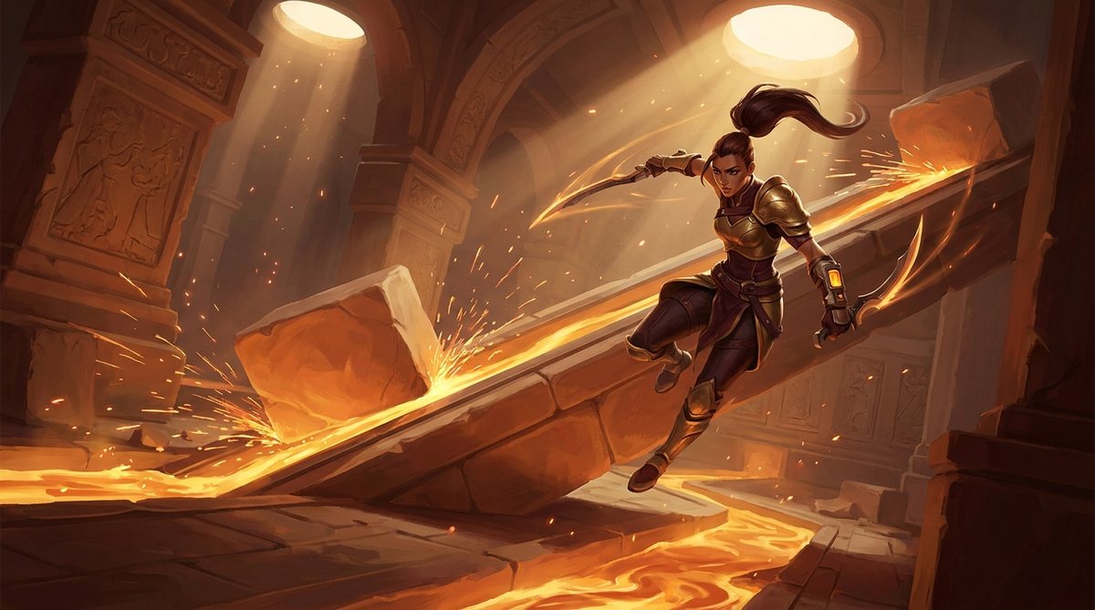 Kestrel keeps her footing on a stone walkway tilting mid-Shift, sparks flying as molten tracks ignite around her