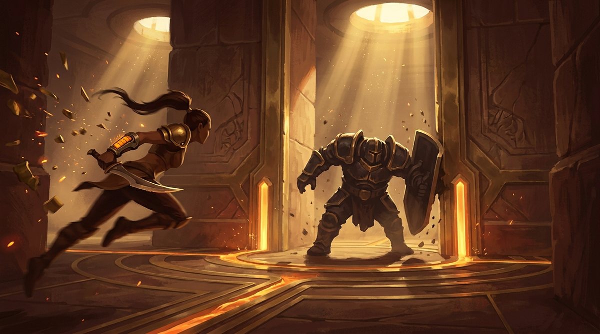 Kestrel sprints clear as an armored Warden steps onto a glowing trap ring in the Sunken Forge